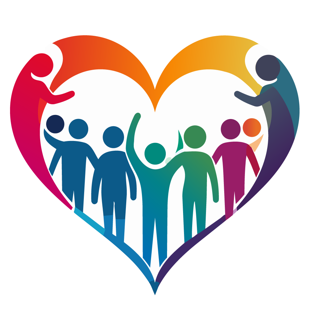 A heart of people in rainbow colors.